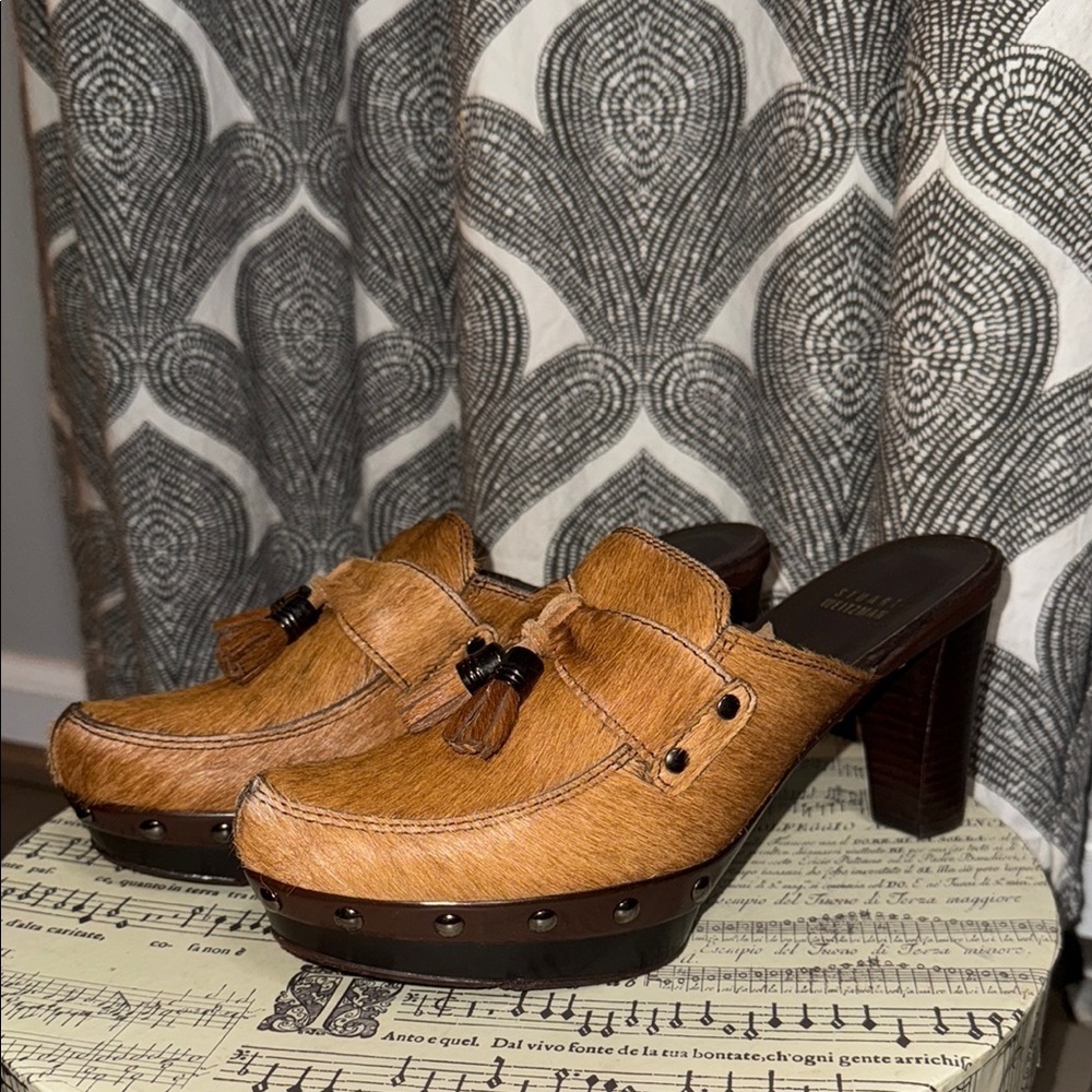 Stuart Weitzman Pony Hair Tassel Heeled Mules SZ 7.5 - Picture 2 of 11